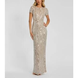 Mac Duggal 93289 High Neck Short Sleeve Embellished Silver Gown 10 NEW
